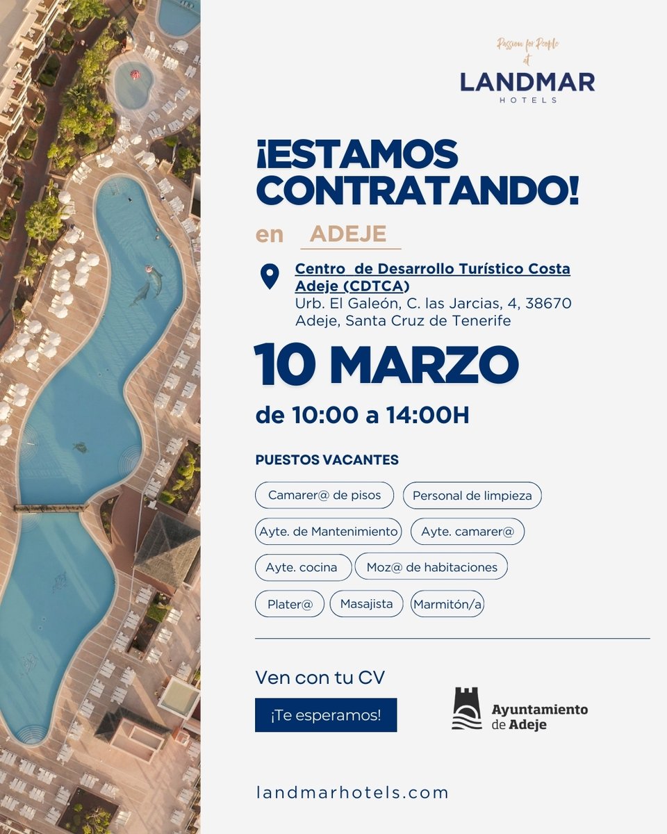 🏨 Si estás en busca de empleo y tienes experiencia en el sector hotelero, esta oferta te interesa.

<a href="/LandmarHotels/">Landmar Hotels</a> realizará un proceso de selección en diferentes ámbitos del sector:

📆 10 de marzo
🕗 10:00 a 14:00 horas
📍 Centro de Desarrollo Turístico Costa Adeje (CDTCA)