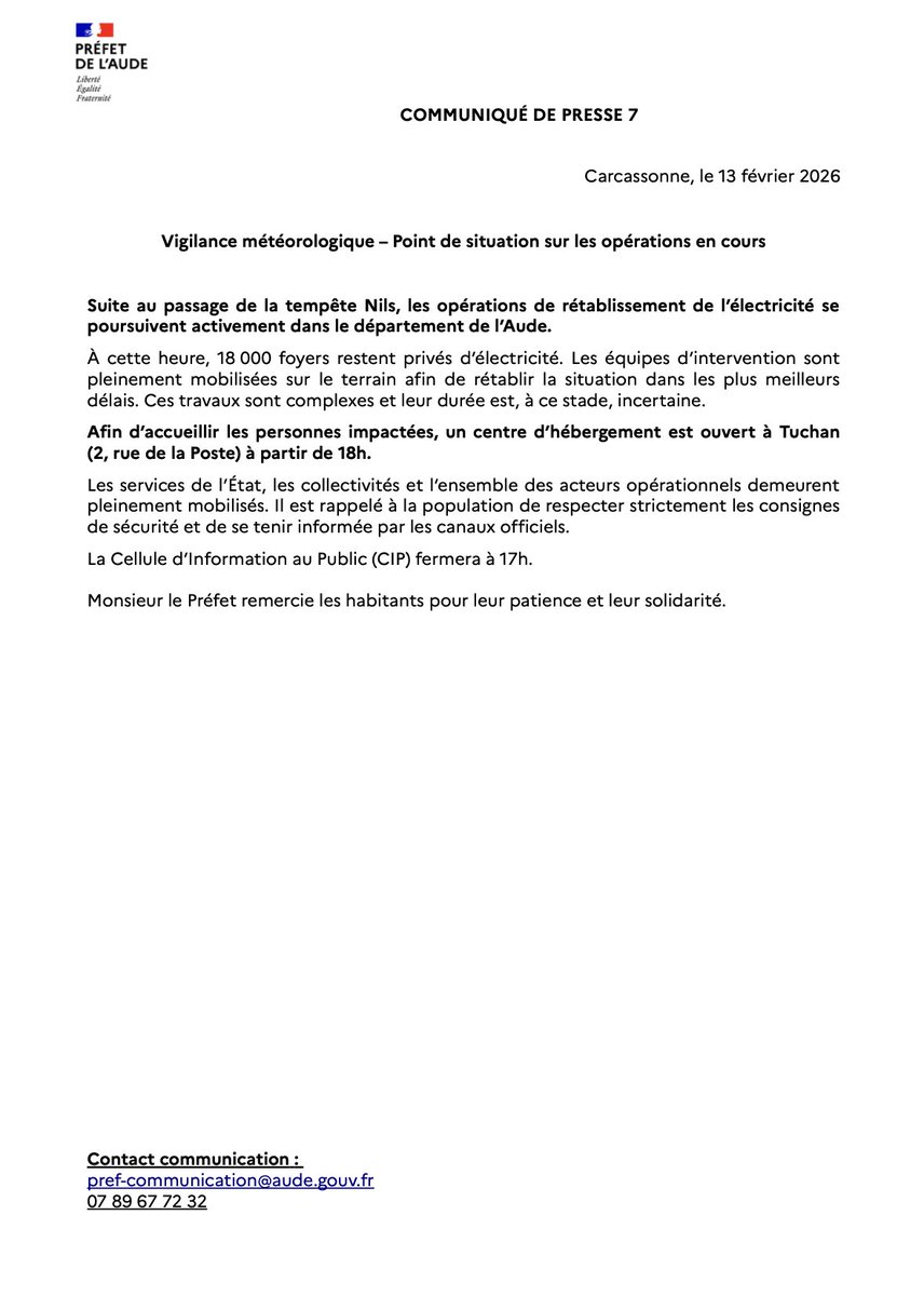 Image de Préfet de l'Aude - #TempêteNils | Point sur les opérations en cours
🌪️Suite à la tempête Nils, 18 000 foyers dans l’Au
