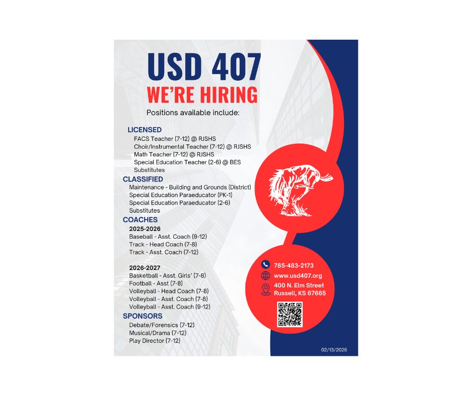 Come join our team! Lead, motivate, and mentor our students as they grow in skill, confidence, and sportsmanship.
Apply online at usd407.org. Follow the link for a for a printable copy of the vacancies. aptg.co/qB9d_n