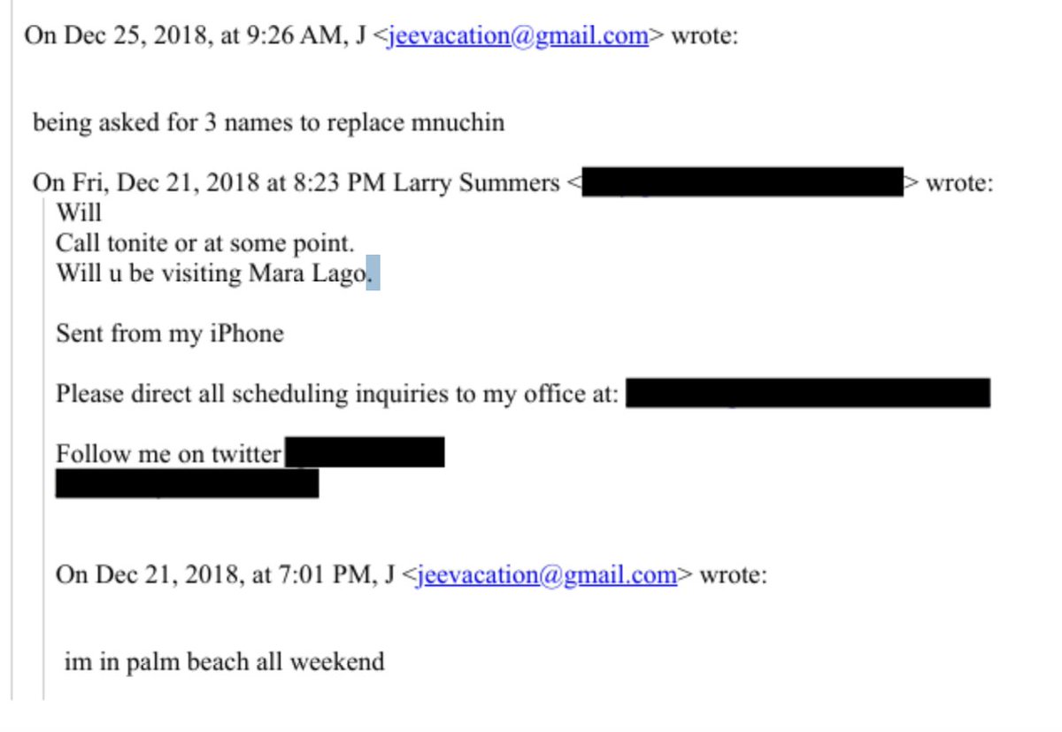WOW!

When Donald Trump was President in 2018, Larry Summers emailed Jeffrey Epstein and asked if he would be visiting Mar-a-Lago.

Epstein replies "being asked for 3 names to replace Mnuchin"

It appears Epstein was advising Trump in 2018, and likely visited Mar-a-Lago at some