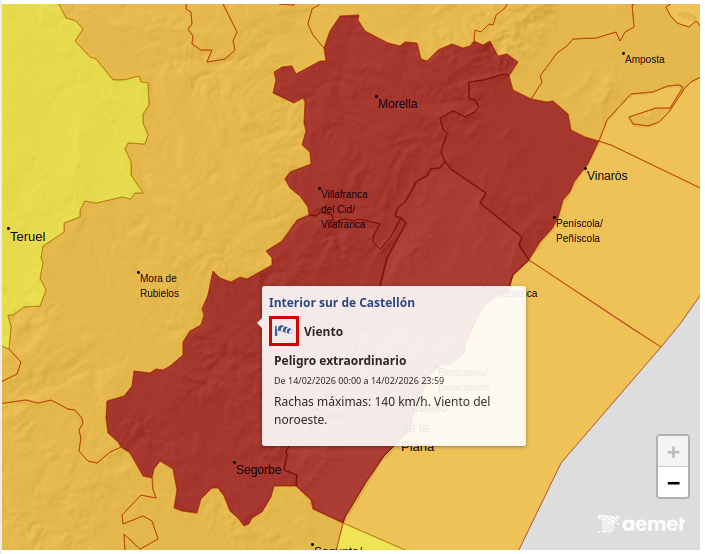 Infozucaina's tweet photo. ⚠️Mucha precuación ante el fuerte viento que soplará mañana en toda la provincia de Castelló.
Aviso rojo, peligro extremo, por fuertes rachas de viento:
En la Villa de #Zucaina las rachas prodrían superar los 90-100 km/h y en el norte del tno, superar 100-110 km/h. Más ℹ️ @GVA112 https://t.co/aKxBHAVc1t