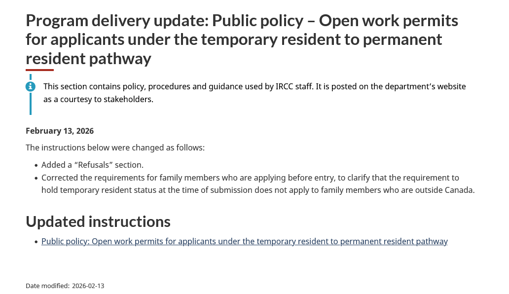 TTRRMK's tweet photo. Program delivery update: Public policy – Open work permits for applicants under the temporary resident to permanent resident pathway https://t.co/UvXlVQpyEI https://t.co/atbRXWdIWo