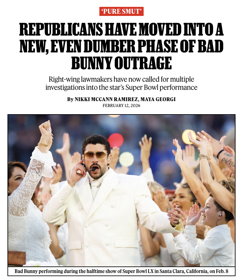 "Bad Bunny's disgusting halftime show was illegal."

Bad Bunny’s Super Bowl halftime show continues to live rent-free in the minds of Republican lawmakers and conservative commentators.

😱 rollingstone.com/music/music-ne…