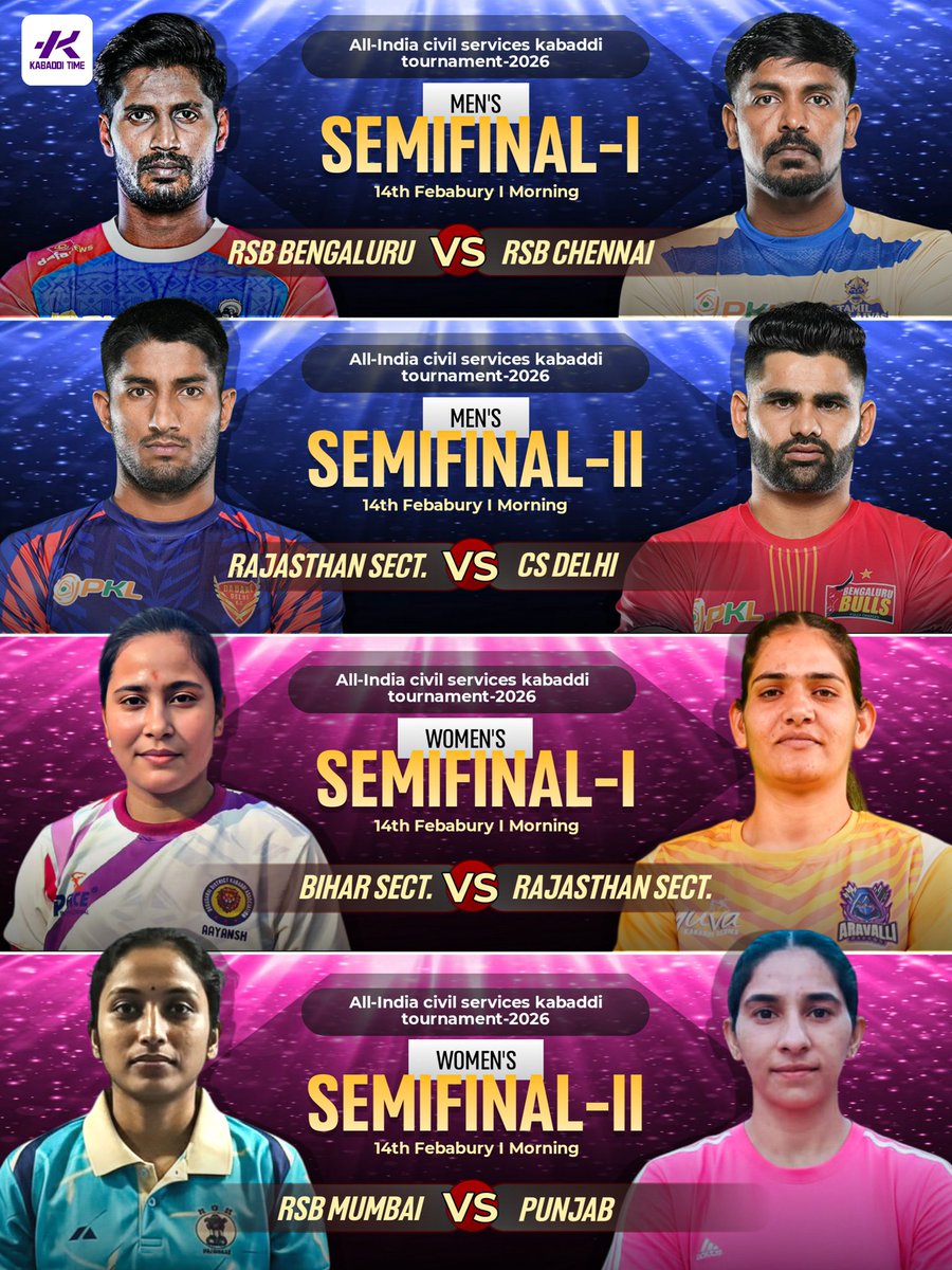 Road to the Final 🏆🤼
Men’s &amp; Women’s Semifinals
All-India Civil Services Kabaddi 2026 🤼‍♂️🤼‍♀️
Only the strongest survive 💪🏆

#allindiacivilserviceskabadditournament #allindiacivilservices #allindiakabaddi #civilserviceskabaddi #pardeepnarwal #kabadditime