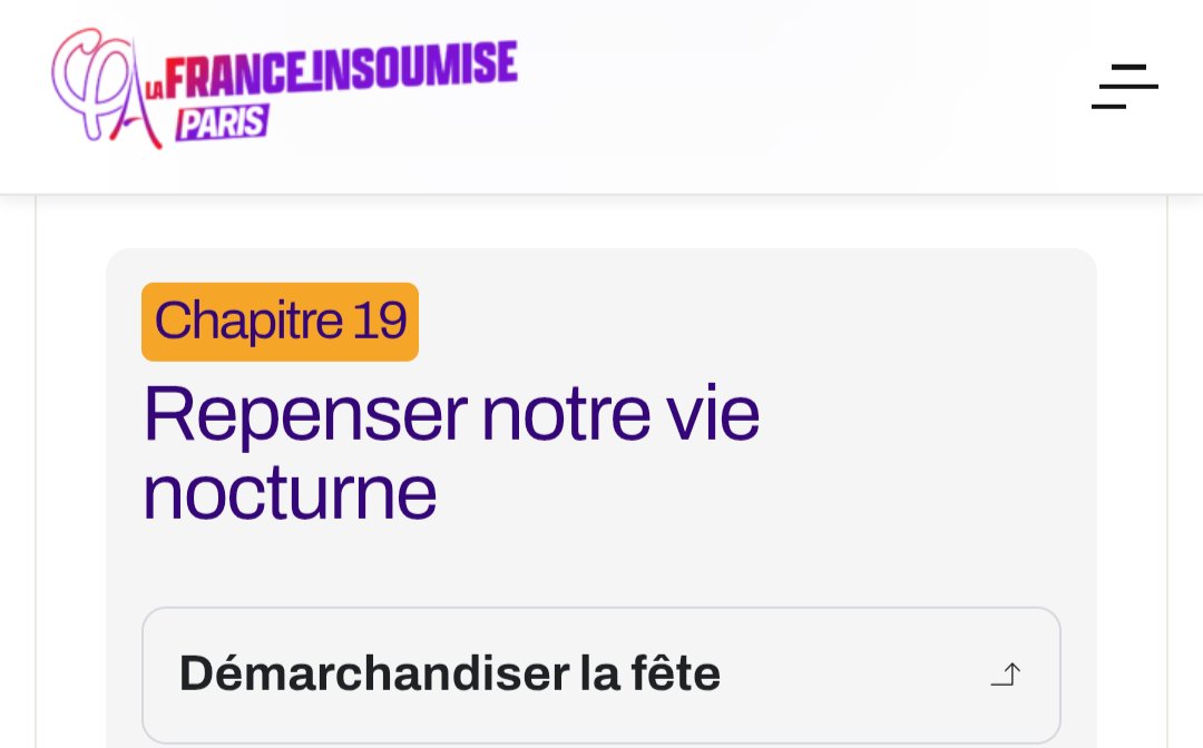 Chapitre 19 du programme de la France Insoumise à Paris « Démarchandiser la fête » 

Allez lire le programme je vous jure qu'il y a des pépites. C'est pas dans le programme du PS que vous trouverez des initiatives anticapitalistes !

sophiapourparis.fr/le-programme/
