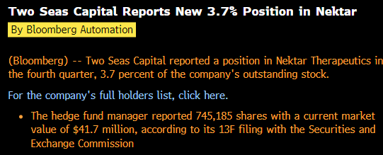 WatcherBiotech's tweet photo. $NKTR Here's a nugget from a friend. Two Seas Capital just bought a chunk of NKTR. Two Seas is a litigation-specialist investor (not a biotech investor). The fund's PM is an attorney. The $LLY trial starts in September and Two Seas sure seems to think that $NKTR is going to get paid
