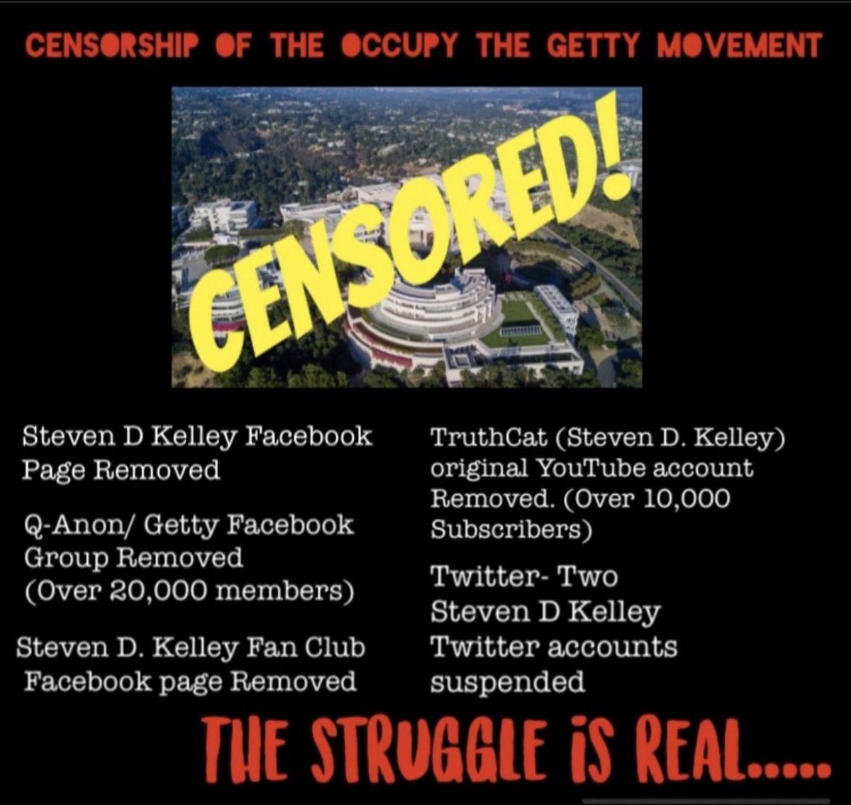 STEVEN D KELLEY’s attempts to inform the global population about the Bunker under the GETTY CENTER has been censored multiple times on ALL major social media platforms including  X.
He can be reached on Telegram.
t.me/OfficialOccupy…
Steven’s Rumble Account