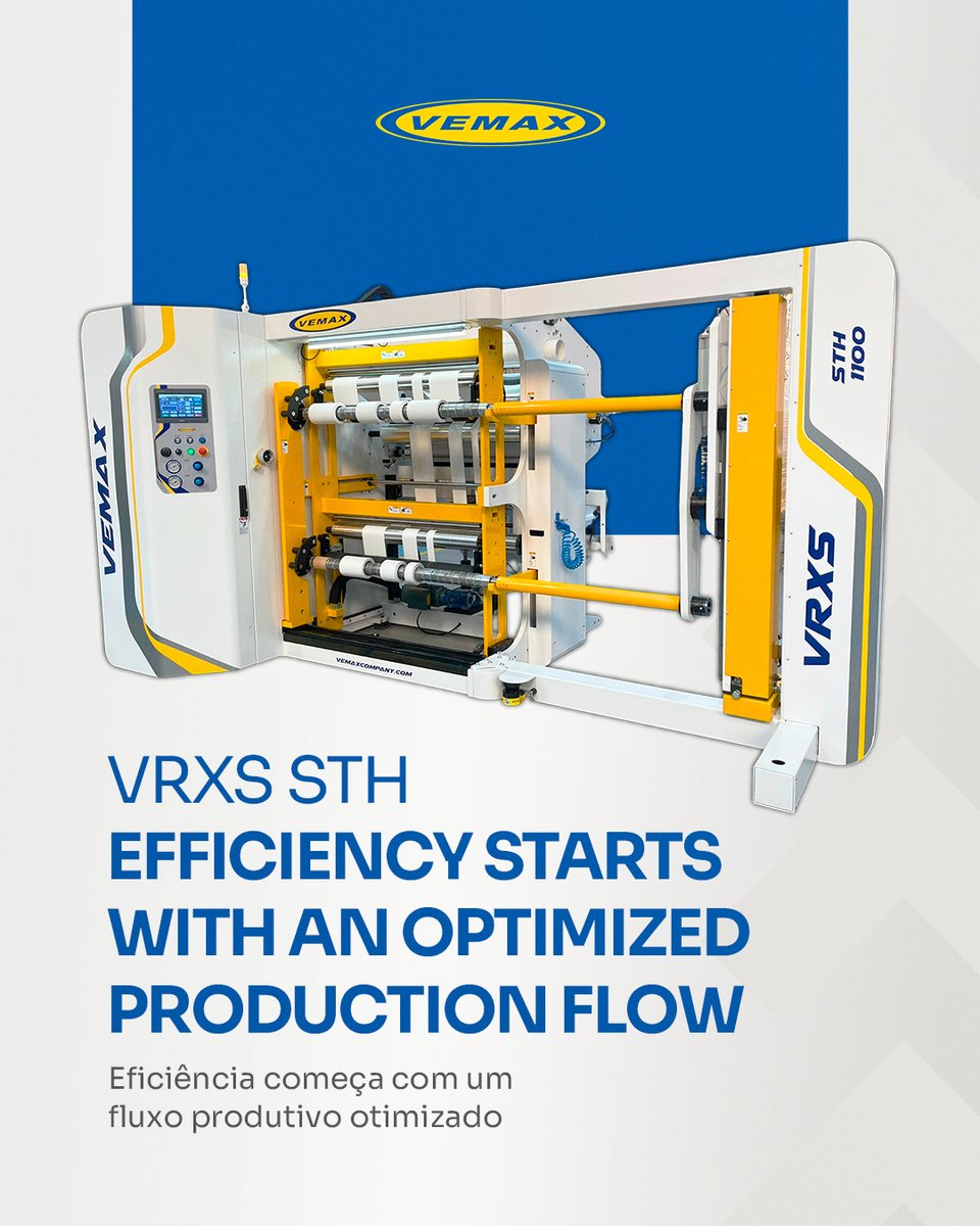 vemaxsa's tweet photo. Designed to optimize production workflow, the VRXS STH delivers agility with precision.

With quick adjustments, intuitive operation, and stable performance, the machine reduces setup time, increases operational efficiency, and provides greater control at every stage of the process.

More productivity, fewer interruptions, and a more predictable operation.

Discover the VRXS STH!

💻: https://t.co/VvTyc4gkFE

#Vemax #FinishingSolutions #Packaging #SlitterRewinder