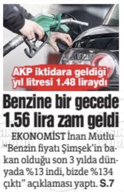 Benzin 2002'de AK parti iktidara geldiğinde 1,56 TL idi. Doğru..
O tarihde asgari ücret 180 TL idi. bu da doğru..
Asgari ücret ile 116 litre benzin alınabiliyordu..
Bugün asgari ücret 28 bin Tl 
Benzin 57 TL.
Alınabilen benzin miktarı: 491 litre..
Solcular, kemalistler, bizim