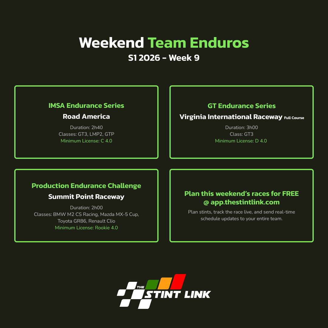 TheStintLink's tweet photo. Beautiful tracks for TheStintLink's first weekend! 🌲🏁Which enduro is your @iRacing team running? Plan and track it for free at https://t.co/CRpcWjdw4L, the new sim racing app dedicated to endurance teams, free during early access. #SimRacing #iRacing #GT3 #Esports https://t.co/rtQcgLHVbU