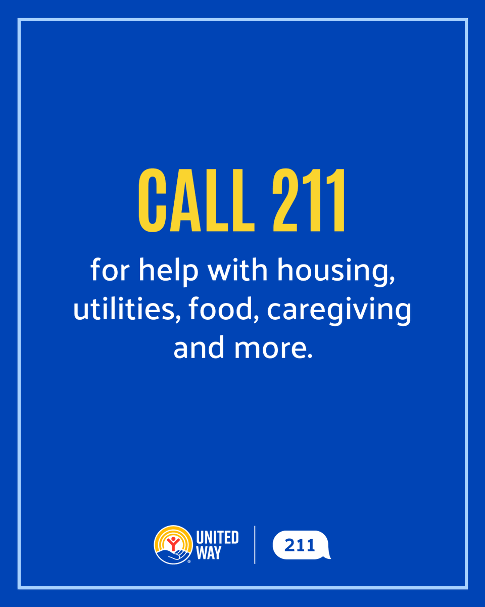 UnitedWay's tweet photo. #211Day may be over, but 211 is always here.

Whether someone needs help paying a bill, finding food, accessing care, or navigating caregiving responsibilities, 211 connects people to local resources, 24 hours a day, 7 days a week.

Save this number. Share it with someone who might need it.

Because help shouldn’t be hard to find.