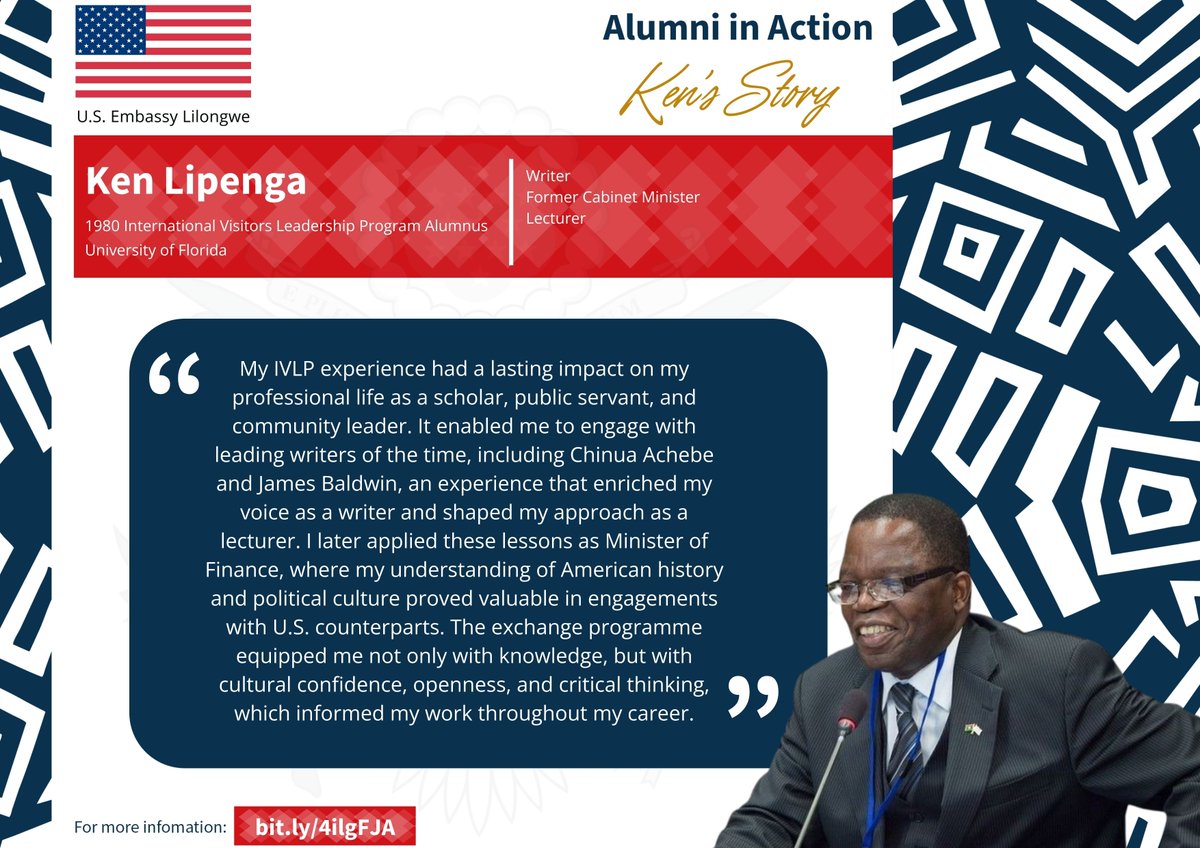 USEmbassyLLW's tweet photo. Dr. Ken Lipenga is a distinguished figure in 🇲🇼 and an @StateIVLP  alumnus, who has used his U.S. experience to enrich his work as a scholar, educator, and cabinet minister, leaving a lasting legacy in Malawi. #USAlumniInAction https://t.co/nL2V8HYFCz