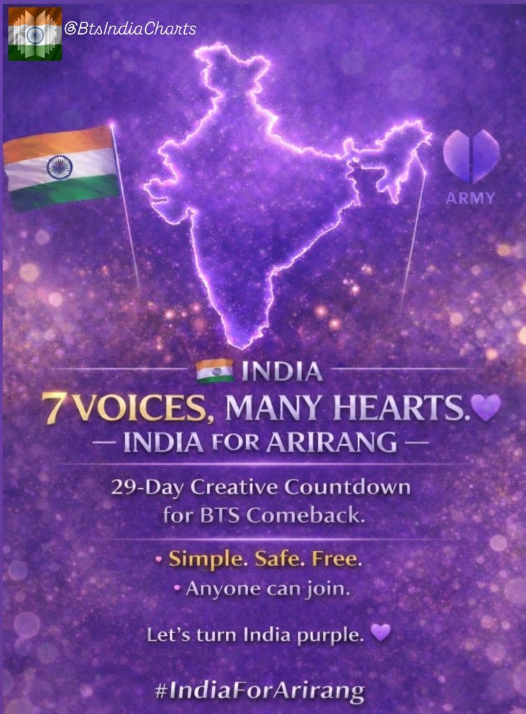 WHAT IS “INDIA FOR ARIRANG”?

This is a 29-Day Creative Countdown Project for BTS comeback.

It’s simple.
It’s safe.
It’s FREE.

And anyone can participate.

Let’s turn India purple — together. 💜
#IndiaForArirang
#ArirangComeback
#BTSIndia
#IndianARMY