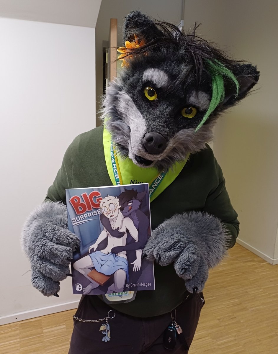 Fusselschwarm's tweet photo. No, he is nothing like the big bad wolf but a cute bunny is up his alley as well.😃

Niwo posing with BIG SURPRISE by @GraniteMcGee at #NFD12 last month. #ComicsInPaws #FursuitFriday https://t.co/a9zDWmMdBo