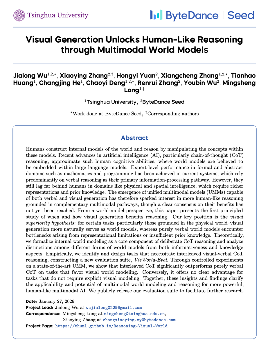 wujialong0229's tweet photo. Just wrapped up a remote talk at @GoogleDeepMind  London on our latest work:

“Visual Generation Unlocks Human-Like Reasoning through Multimodal World Models.”

Huge thanks to @TengdaHan for the invitation — truly honored (and yes, so nervous 😅).

Project Page: https://t.co/RyOXekt5d3

[1/n]
