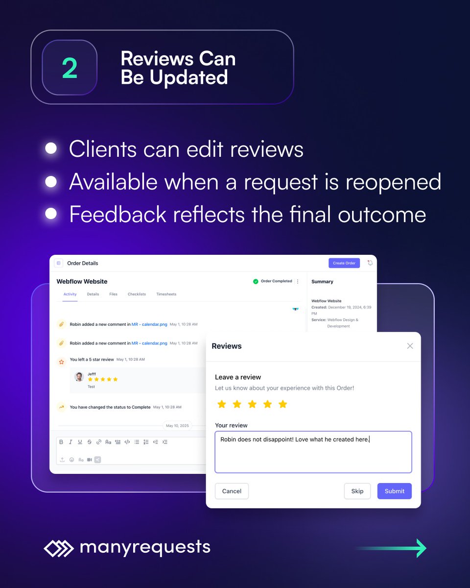 ManyRequests's tweet photo. A bunch of small fixes just went live in ManyRequests.

Nothing flashy. Just things that needed to work properly.

Here’s what changed:

🔧 Plan upgrades now apply correctly
• Features unlock right away
• Open requests follow the new plan limits

⭐ Clients can update their review
• If a request gets reopened
• So the final result is what gets rated

💳 Billing tweaks
• Optional PO Box field added
• Your own Terms of Service shows in top-ups

💬 Chat cleanup
• Duplicate messages removed
• Balance widget now respects your settings

If you run a subscription agency, you know these details matter. One small bug in upgrades or limits can create unnecessary friction with clients.

We’re tightening those edges.

If you want to see how ManyRequests supports subscription agencies, book a 1:1 call with Robin.