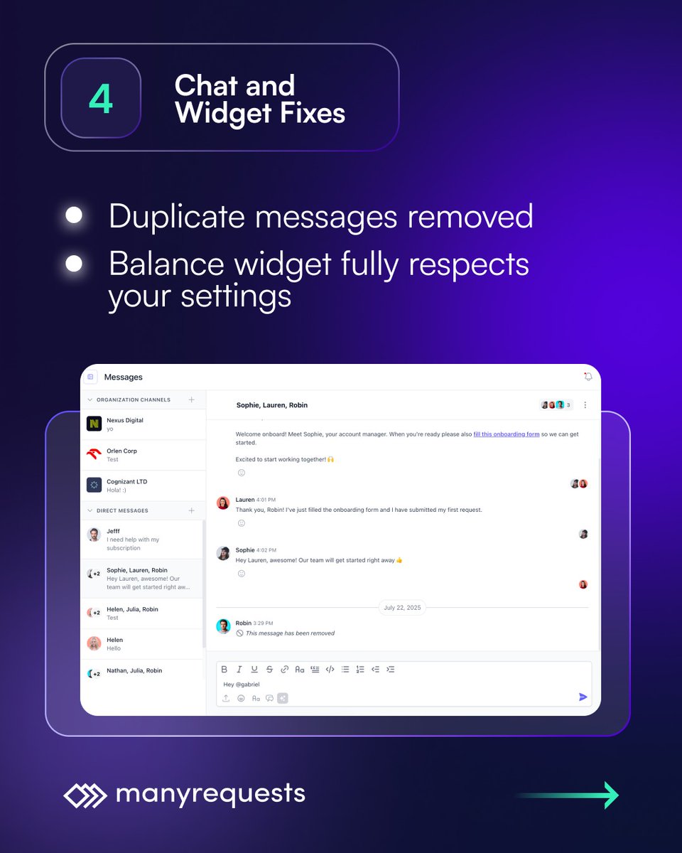 ManyRequests's tweet photo. A bunch of small fixes just went live in ManyRequests.

Nothing flashy. Just things that needed to work properly.

Here’s what changed:

🔧 Plan upgrades now apply correctly
• Features unlock right away
• Open requests follow the new plan limits

⭐ Clients can update their review
• If a request gets reopened
• So the final result is what gets rated

💳 Billing tweaks
• Optional PO Box field added
• Your own Terms of Service shows in top-ups

💬 Chat cleanup
• Duplicate messages removed
• Balance widget now respects your settings

If you run a subscription agency, you know these details matter. One small bug in upgrades or limits can create unnecessary friction with clients.

We’re tightening those edges.

If you want to see how ManyRequests supports subscription agencies, book a 1:1 call with Robin.