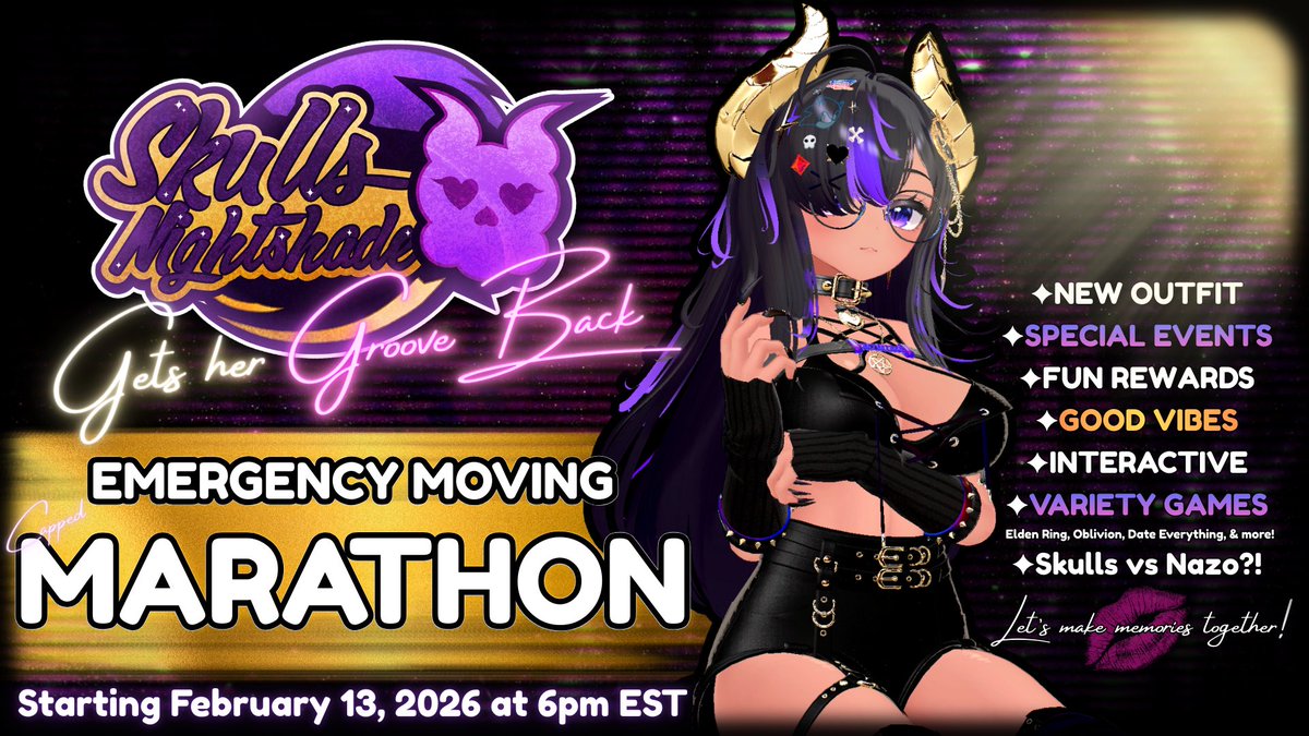 🚨EMERGENCY SUBATHON.🚨 
If ever there was time to throw disposable income at a Vtuber, this would be the perfect time! Drop by and help this goober fund her emergency moving funds! 6pm EST. Today! 😁
>> TTV/SkullsNightshade <<