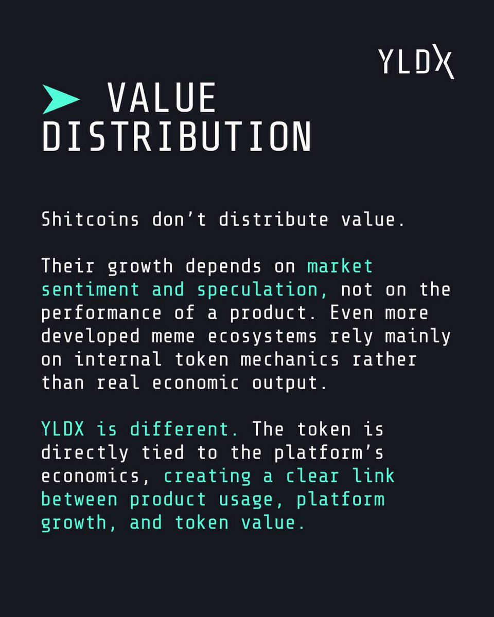 YLDX_ai's tweet photo. Most tokens in crypto run on emotions. Today they’re everywhere, tomorrow they’re forgotten. Memes, hype, and promises of quick gains have become the background noise of the market. And it’s exactly against this backdrop that the difference becomes clear between a token built for attention and a token built into a real product and economic model.

Let’s take a closer look at what that difference actually looks like, using YLDX and classic shitcoins as examples 👆🏻

Explore the platform and learn more about YLDX at https://t.co/pJRfFqoFAy.

#YLDX #DeFi #Crypto #Blockchain #Web3 #Investing #Yield #Finance #SmartContracts #Stablecoins #Ethereum #Bitcoin #BNB #SOL #XRP #ADA #AVAX #DOT #TRX #LINK #DOGE #LuxuryFinance #PassiveIncome #CryptoFund #TokenizedAssets #DigitalWealth #AITrading #CryptoInvestments #HedgeFund #LiquidityPool #DeFiEcosystem #CryptoYield #WealthManagement #FinTech #Innovation #Moonshot #NextGenFinance #CapitalGrowth #YLDXLLC #CryptoPortfolio #FinancialFreedom
