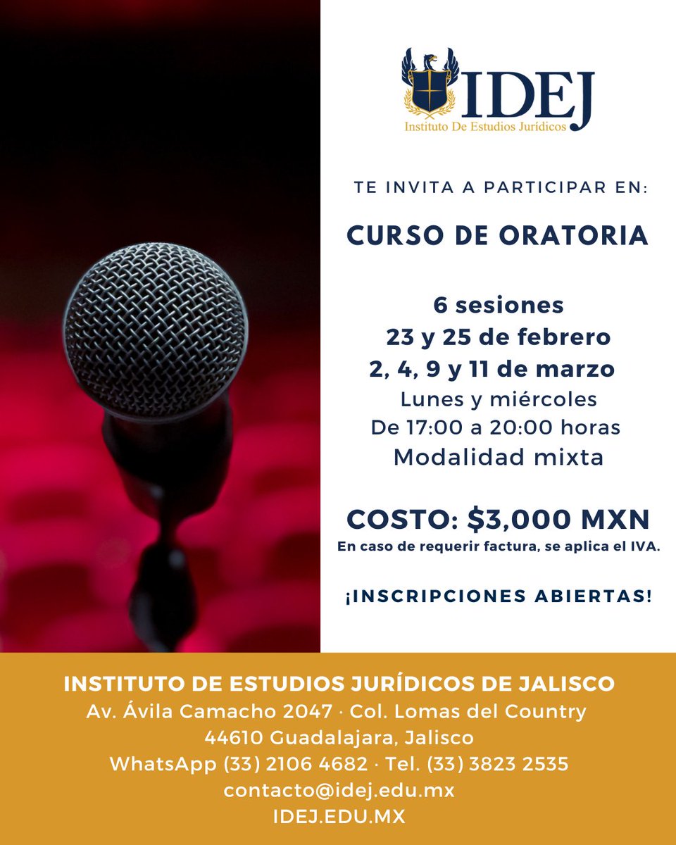 🗣️⚖️ En nuestro curso de #Oratoria desarrollarás tus habilidades de comunicación y seguridad al hablar en público. 🎤✨ Aprende técnicas efectivas para expresarte con claridad y confianza frente a cualquier audiencia. ✍️ ¡Inscríbete!

🗓️ 23 de febrero de 2026
📲 (33) 2106 4682