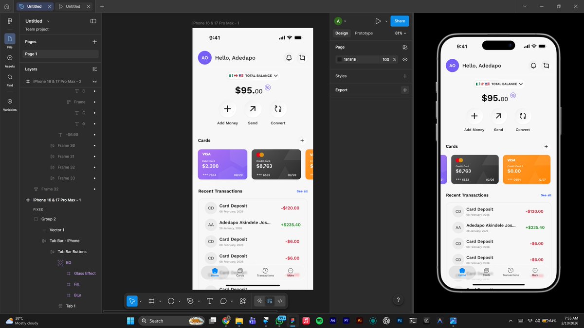 oketadedapo's tweet photo. Experimenting with liquid glass effects in fintech UI. 💧 Trying to add organic depth to a typically rigid interface. #UI #Figma #DesignTwitter https://t.co/QV32ALJHX6