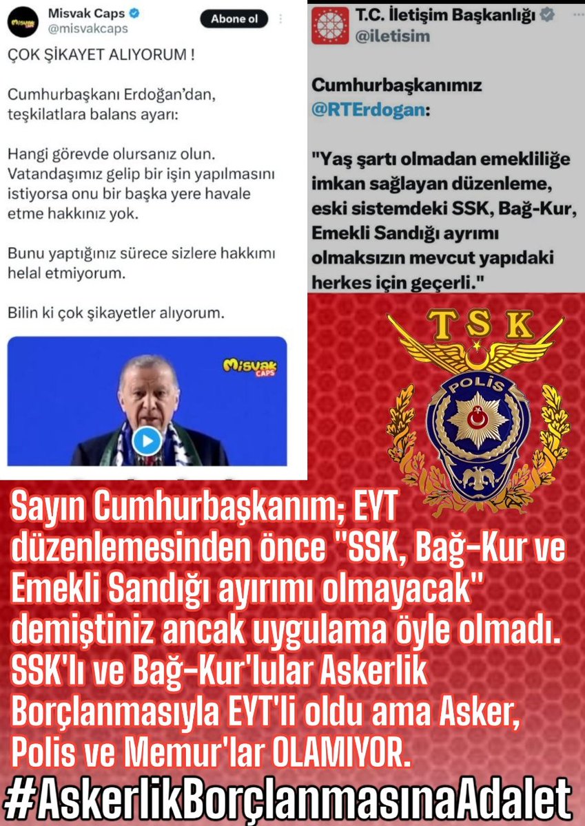 İşçi esnaf çiftçi Askerlik borçlanması yaparsa EYT'li yani emekli olabilirken, 
Aynı şartlardaki bir Memur NEDEN emekli olamıyor?
<a href="/isikhanvedat/">Prof. Dr. Vedat Işıkhan</a>
@miamustafacftci
<a href="/_cevdetyilmaz/">Cevdet Yılmaz</a>
<a href="/Hayati_Yazici/">Hayati Yazıcı</a>
<a href="/AhmetAYDIN_02/">Ahmet AYDIN</a>
<a href="/mustafaelitas/">Mustafa Elitaş</a>
<a href="/mehmedmus/">Dr. Mehmet Muş</a>
<a href="/mehmetucum/">Mehmet Uçum</a>
#AskerlikBorçlanmasıneAdalit