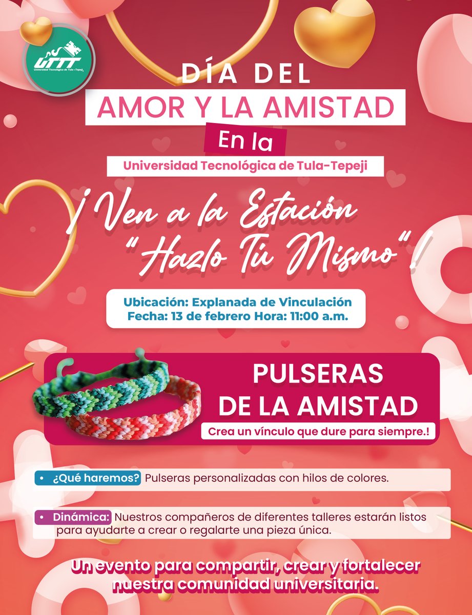 En un ambiente de compañerismo, elabora tu pulsera de la amistad con apoyo de los estudiantes integrados a los Talleres Culturales.
Te esperamos este viernes 13 de febrero del presente año, a partir de las 11:00 horas, en la plazoleta de Vinculación.