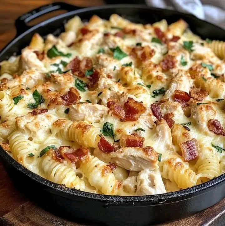 Cheesy Chicken and Bacon Pasta Bake.