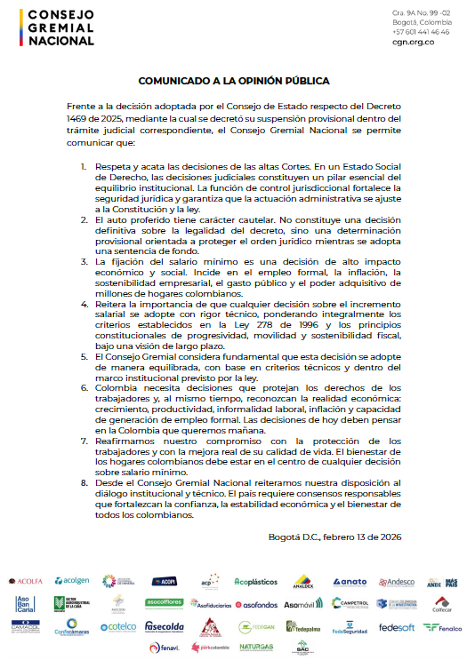 El Consejo Gremial Nacional comparte el siguiente comunicado frente a la decisión adoptada por el Consejo de Estado respecto del Decreto 1469 de 2025 👇