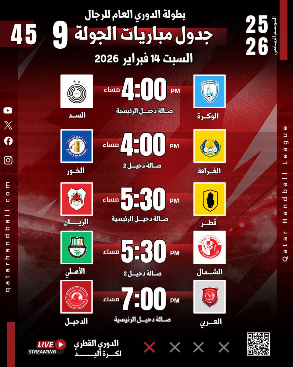 غدا مباراة القمة في الدوري القطري لكرة اليد العربي يواجه الدحيل
 العربي بطل الموسم الماضي سيواجه الدحيل الوصيف في مباراة ستكون مليئة بالإثارة والتشويق
العربي يبحث عن تعزيز صدارته بينما يسعى الدحيل لتحقيق الفوز وتقليص الفارق. هذه المباراة ستكون فرصة للفريقين لإثبات قوتهما 🤾‍♂️🇶🇦