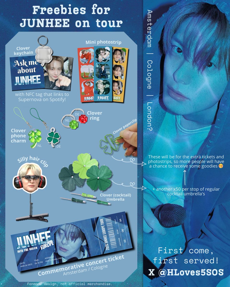 C.C’s 🗣️ Some already know, but here are the freebies i’ve prepared for JUNHEE’s concert in Amsterdam &amp; Cologne 🍀 I’ve got at least 45 freebie bags with ALL items per city + 30ish extra of the tickets&amp;photostrips per stop 🥰 (The freebies for London kinda depend on the feedback