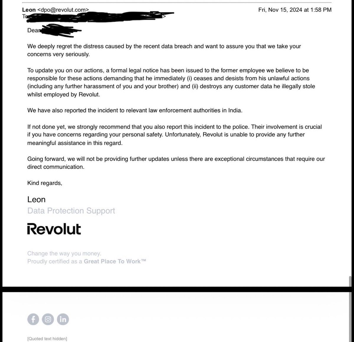 <a href="/Revolut/">Revolut</a> This is what accountability looks like at <a href="/Revolut/">Revolut</a> 

Commit Data breach.
Blame employee.
Tell the customer to go to the police.
“We won’t provide further updates.”