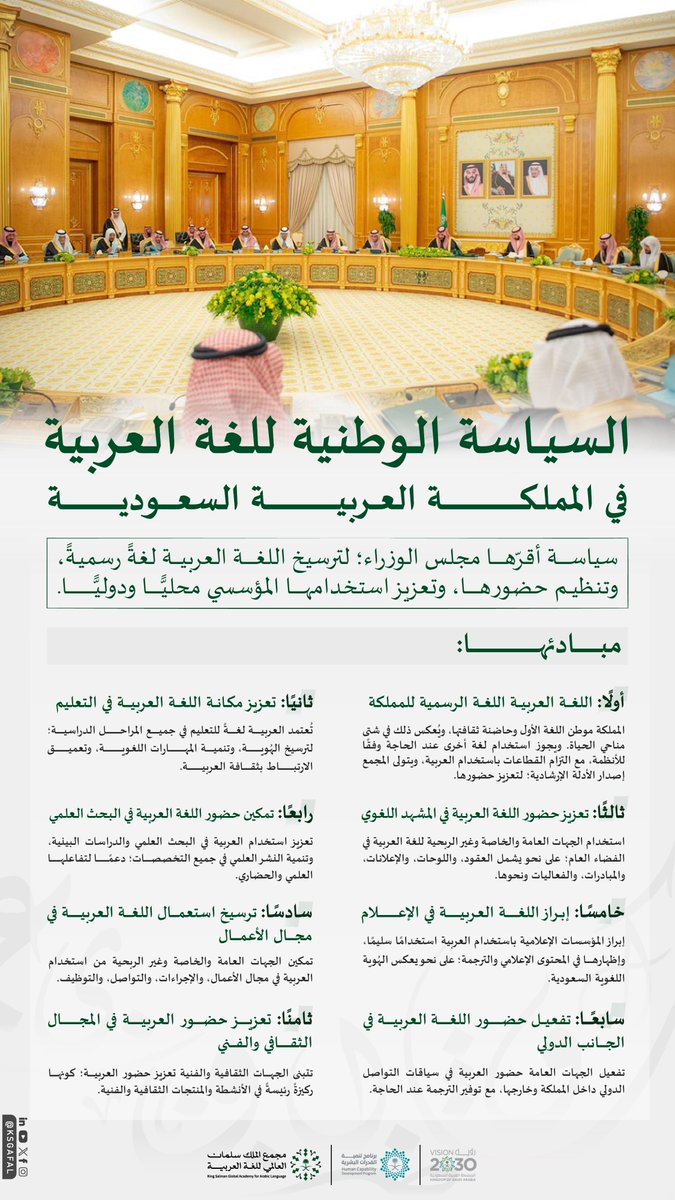 من موطن حضارتها، تأتي السياسة الوطنية للغة العربية في المملكة العربية السعودية؛ كونها قرارًا يعبّر عن الاعتزاز، ويؤكد مكانتها الراسخة.