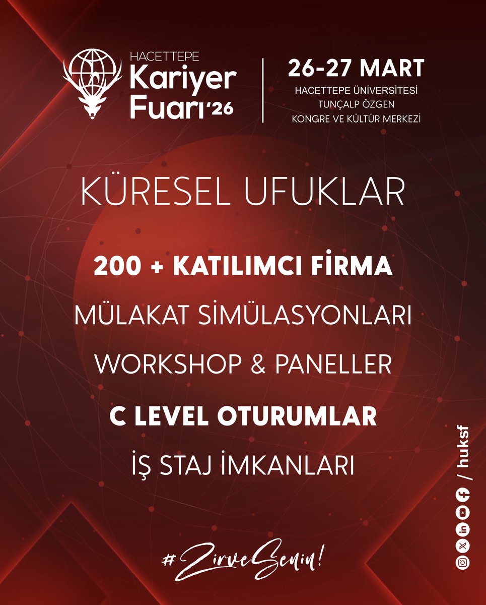 Hacettepe Kariyer Fuarı’26, Hacettepe Üniversitesi KARMER ve 5 öğrenci topluluğunun iş birliğiyle 26-27 Mart tarihlerinde “Küresel Ufuklar” konseptiyle Beytepe Tunçalp Özgen Kongre ve Kültür Merkezi’nde! ✨