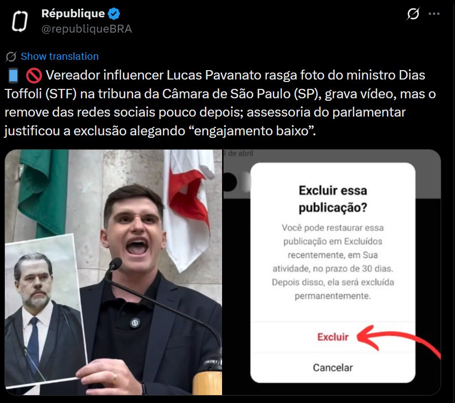 <a href="/lucaspavanato/">Lucas Pavanato</a> O MBL já está convocando o terceiro ato contra o Toffoli e o Banco Master, diferente de certas frangas que apagam vídeo por "baixo engajamento"