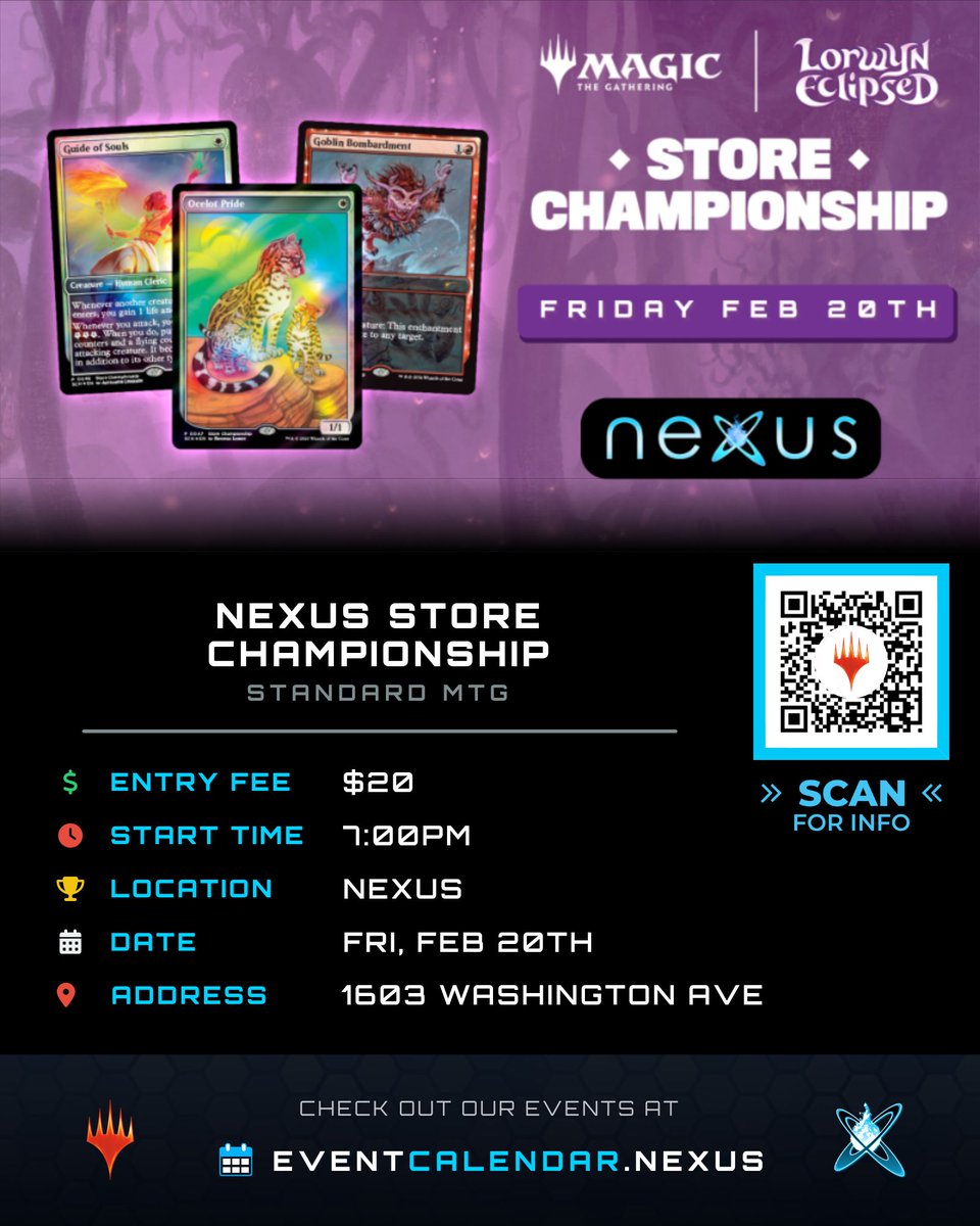 NXEsportsEvents's tweet photo. Check out this upcoming event! Nexus Store Championship - Standard MTG 📅 #EventCalendar #Nexus https://t.co/uClr92XLJm