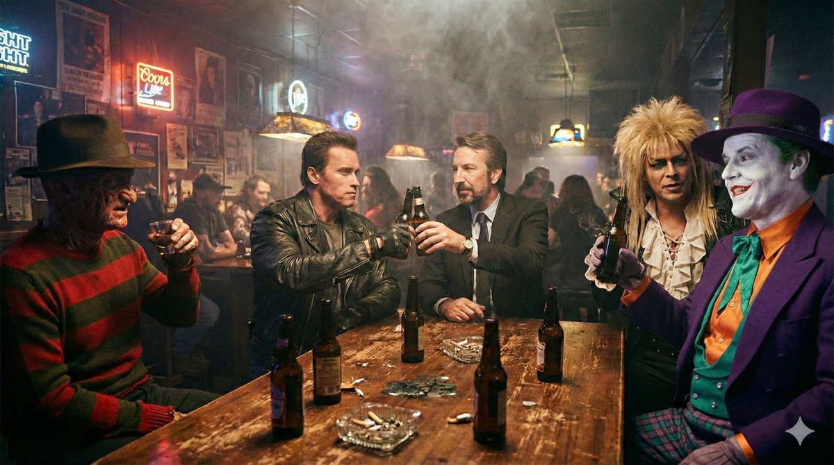 Crazybeerd's tweet photo. My current desktop wallpaper is several 80s villains drinking together after hours in a smoky dive bar. https://t.co/GlFD3FvtmW