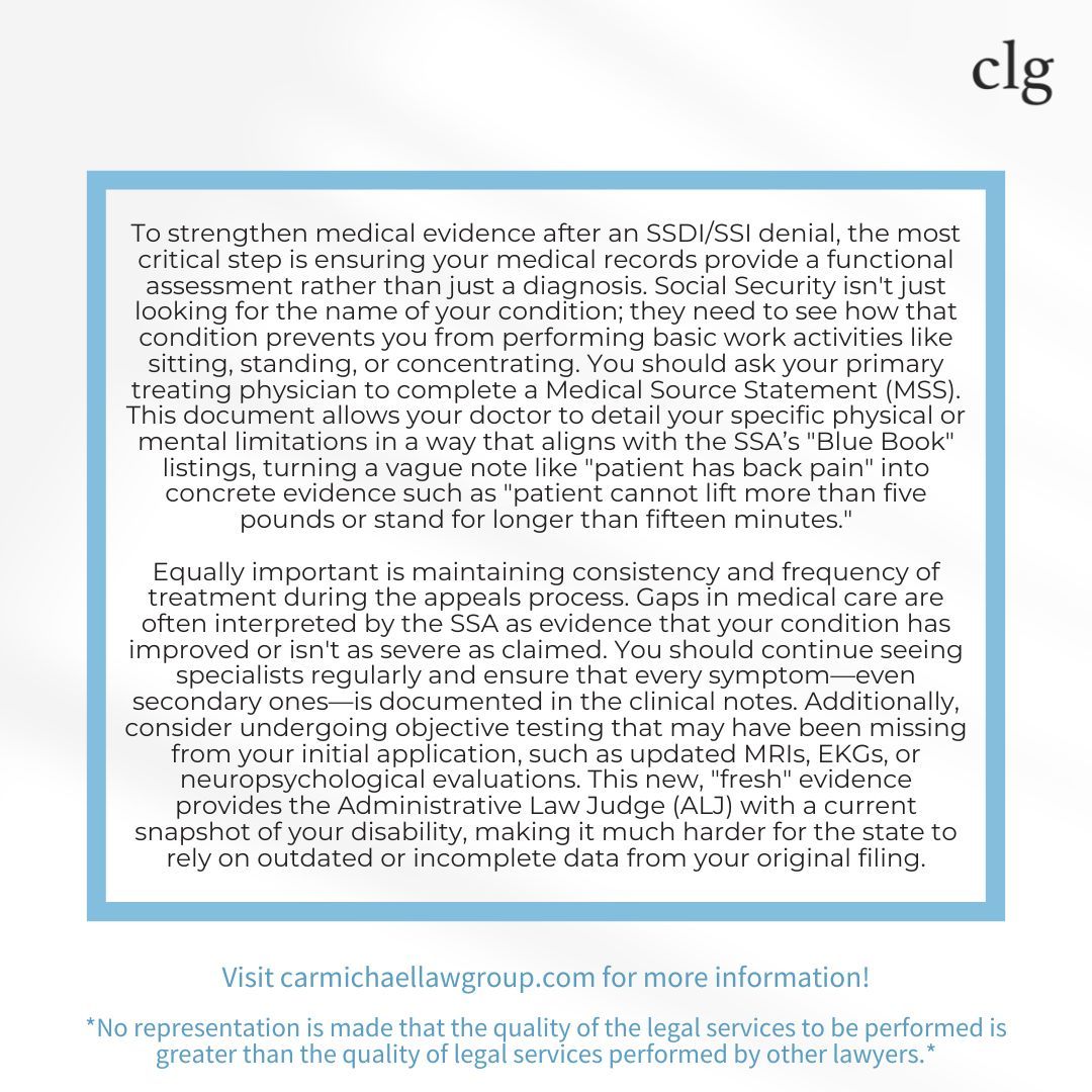 injurylawfirm's tweet image. Denied? Don’t give up. 🙅‍♂️ Your medical evidence is the backbone of your disability claim.

To strengthen your case after a denial, focus on recent and detailed medical records.⚖️✨

Need help? Schedule a consultation today! #LawTok #SSDITips #DisabilityRights