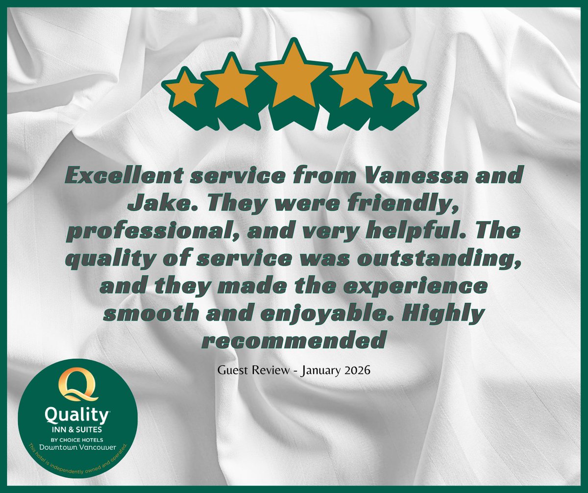 QInnVancouver's tweet photo. Just read this amazing review from a guest at Quality Inn Downtown Vancouver! 🌟 Don't miss out, book now and be right in the middle of all the excitement! #Vancouver #Travel #QualityInn #YVR #QualityInnVancouver #TravelBC https://t.co/3Fwaim2qUZ