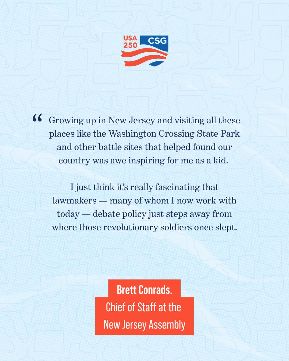 CSGovts's tweet photo. Brett Conrads, chief of staff at the New Jersey Assembly and a 2025 CSG Henry Toll Fellow, discusses growing up in The Garden State, working in the state legislature and the statewide dispute over pork-based breakfast meat Taylor Ham or pork roll.

As we celebrate America’s semiquincentennial, we are featuring the historical, cultural and civic contributions of states and U.S. territories that shape our nation.

Read more: https://t.co/8xKtEYtgvN