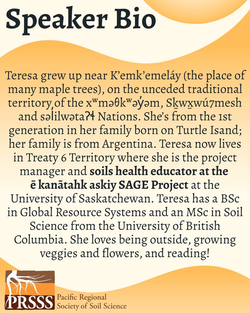 thePRSSS's tweet photo. We are excited to announce our next AGM speaker: Teresa Porter! She will be presenting on her work as a soils health educator at the ē kanātahk askiy SAGE project at the University of Saskatchewan.

Head to the link in our bio to register for the 2026 AGM and Spring Workshop! https://t.co/m26kxSGCnr
