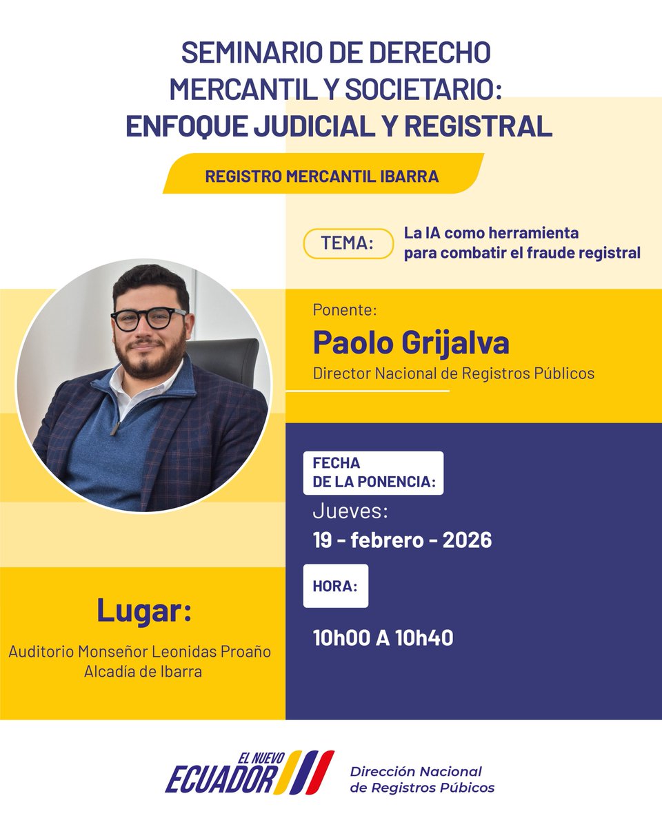 DinarpEc's tweet photo. Paolo Grijalva, director nacional de @DinarpEc, enriquecerá este espacio académico, aportando criterios técnicos, acerca de la Inteligencia Artificial para combatir el fraude registral.

#ElNuevoEcuador 🇪🇨 https://t.co/i7c13nRevM