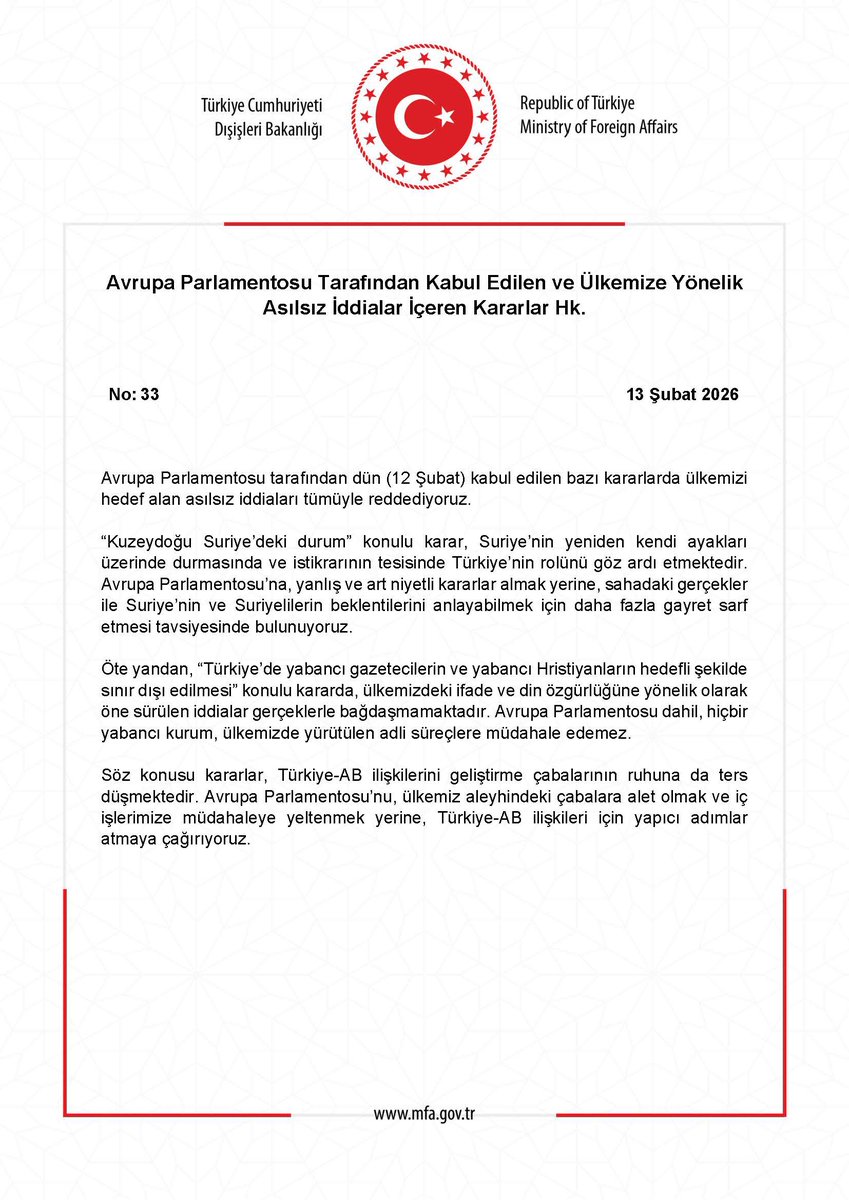 Avrupa Parlamentosu Tarafından Kabul Edilen ve Ülkemize Yönelik Asılsız İddialar İçeren Kararlar Hk. mfa.gov.tr/no_-33_-avrupa…