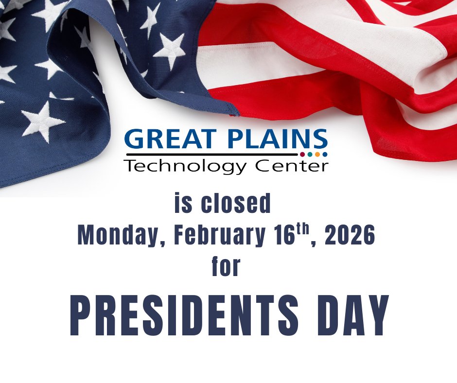 Great Plains Technology Center will be closed Monday, February 16, in observance of Presidents Day. Classes will resume and offices will reopen on Tuesday.

We hope everyone enjoys a safe and restful holiday! #GPTech #gptc