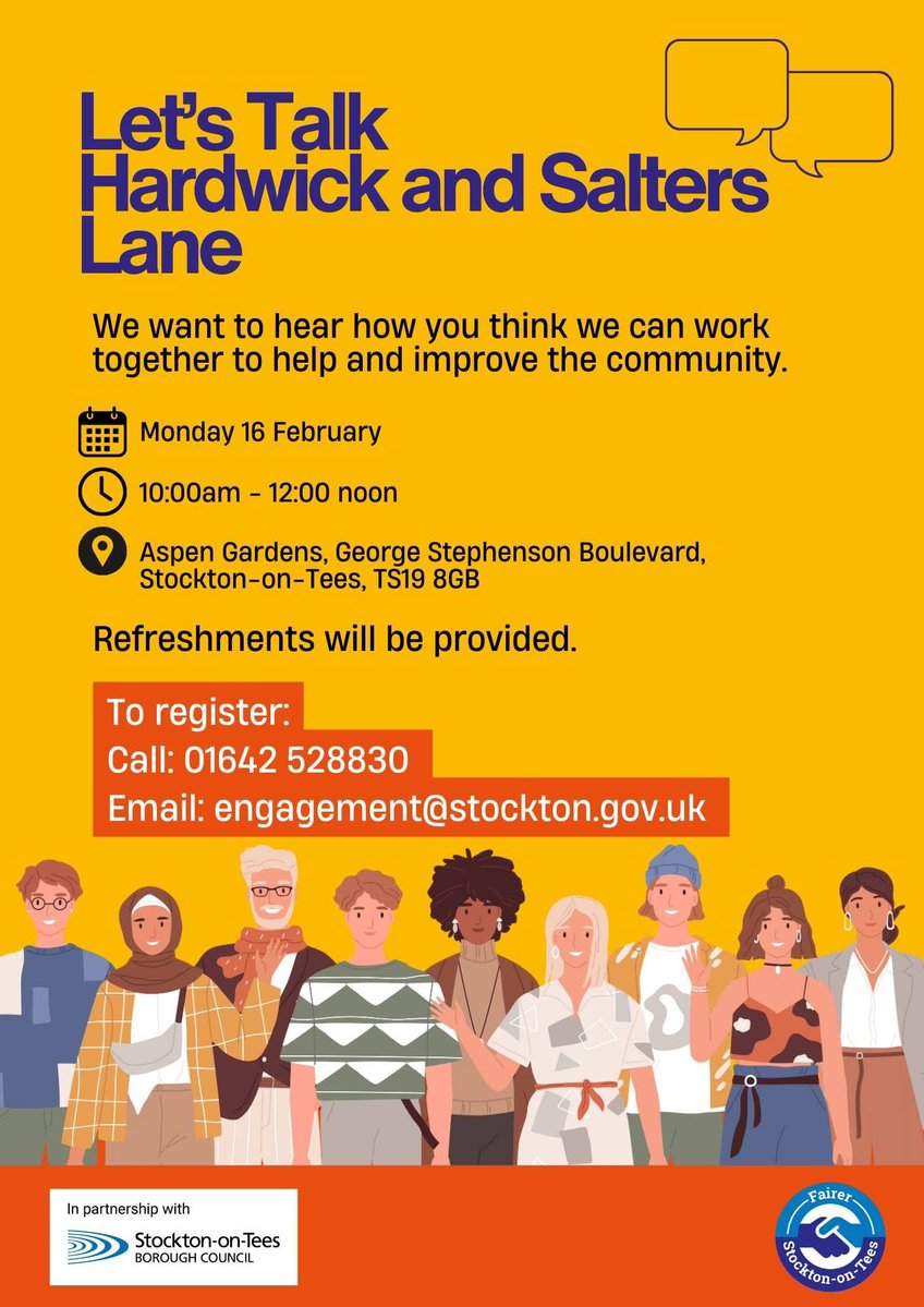 📣 Live in Hardwick or Salters Lane?

❓ Want to help shape and improve your community?

Register for the next meeting on 🗓️ Monday 16th Feb by calling or emailing the engagement team.

Don’t miss your chance to have your say!

#communities #HaveYourSay #ImprovingYourCommunity