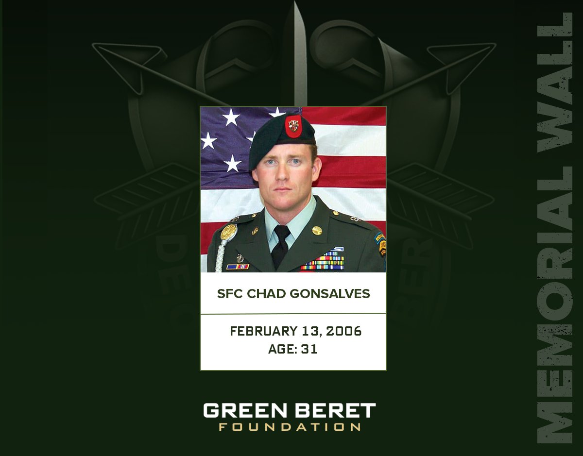 GreenBeretFound's tweet image. Today we honor the memory of SFC Chad A. Gonsalvez, killed in action on this day in 2006. He served with 7th Special Forces Group. His service and sacrifice will never be forgotten.

De Oppresso Liber
greenberetfoundation.org/memorial-wall/
#GreenBeret #RememberTheFallen #DeOppressoLiber