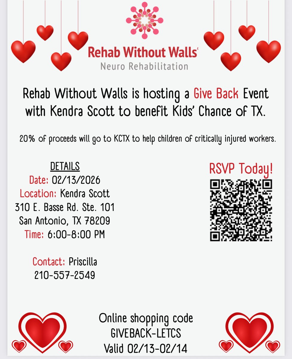 KidsChanceTX's tweet photo. 🌟Join us today at @KendraScott in San Antonio for an event hosted by Rehab Without Walls to support KCTX!
Can't make it? You can still support us by shopping online for the next 24 hours and using our give back code to donate 20% of your purchase to KCTX.
#KidsChance #KCTX https://t.co/p9EiWUrGLM