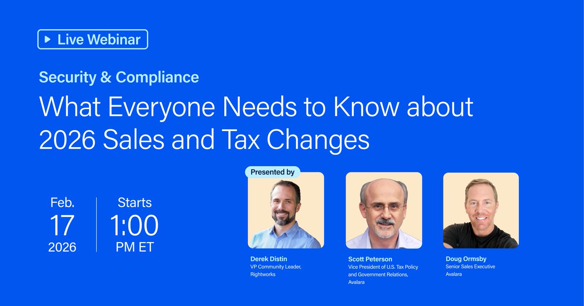 Rightworks_'s tweet image. Sales tax is changing again in 2026. Are you ready?

Join our Feb. 17 webinar with @Avalara to unpack key changes, common audit risks, and how automation helps businesses stay compliant. Recording available.

🔗 ow.ly/4hXs50Y7XH8

#taxseason #taxchanges #avalara