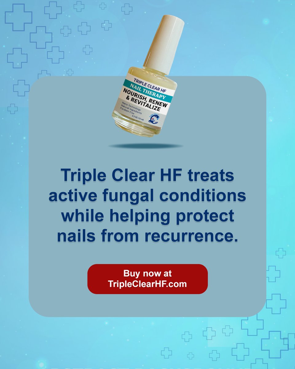 TripleClearHF's tweet image. Fungal nails often return because spores linger and thrive in damp environments.

Triple Clear HF treats active fungus and protects nails to prevent recurrence.

Break the cycle: TripleClearHF.com

#FungalNails #NailCare #TripleClearHF #HealthyFeet #NailProtection