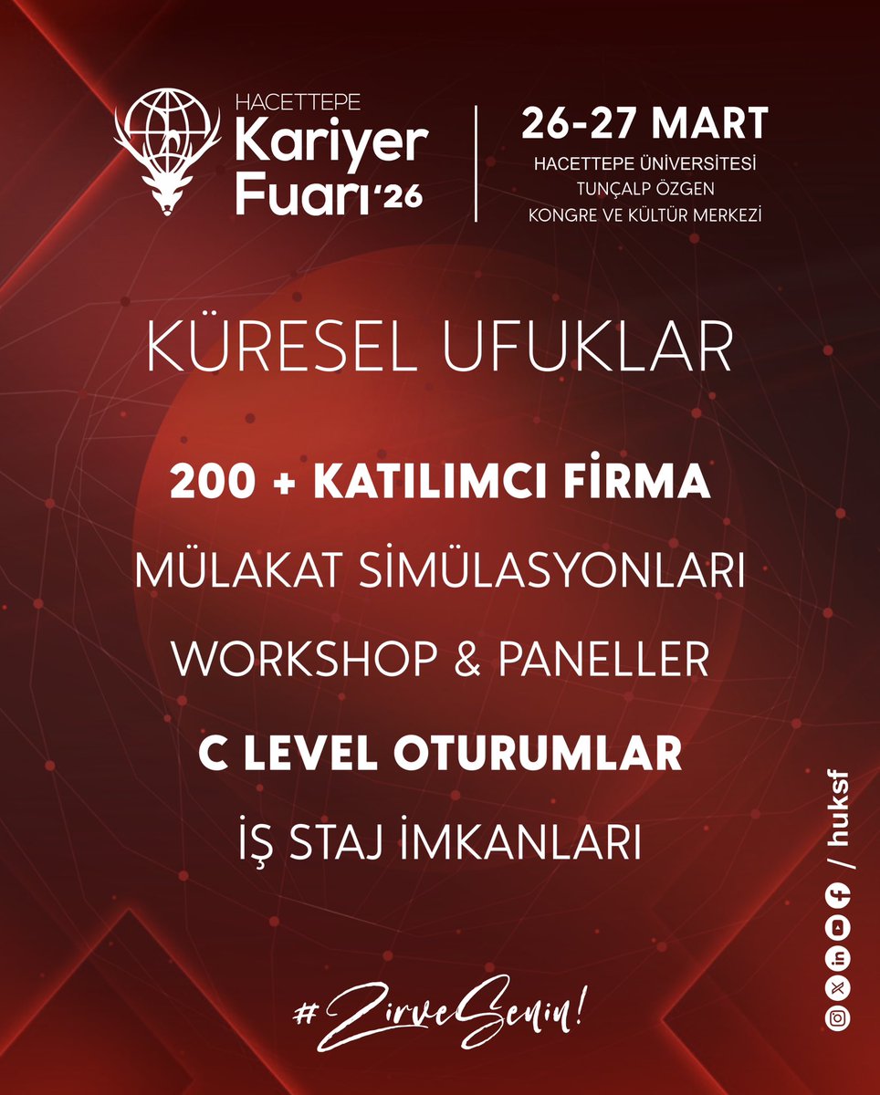 Hacettepe Ekonomi Topluluğu olarak paydaşları arasında yer aldığımız Hacettepe Kariyer Fuarı’26, bu yıl 26-27 Mart tarihlerinde Tunçalp Özgen Kongre ve Kültür Merkezi’nde sizlerle! ✨

Detaylı bilgi için @huksf Instagram hesabını ziyaret edebilirsiniz.